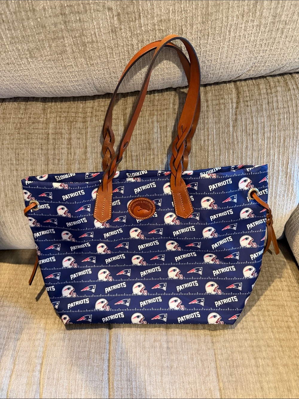 Dooney and BourkeNFL Patriots Navy Tote Nylon Bag with Brown Leather Handles